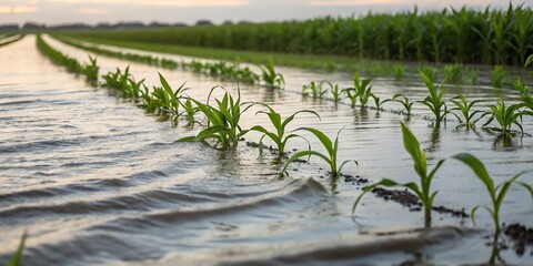 Young corn plants in a flooded field at sunset, showing agriculture and water management.