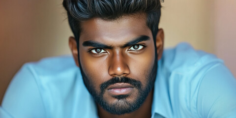 Obraz premium Portrait of Indian man with features and intense gaze personality shining through photograph