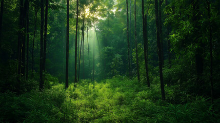 Obraz premium Sonnenstrahlen im grünen Wald bei Sonnenaufgang