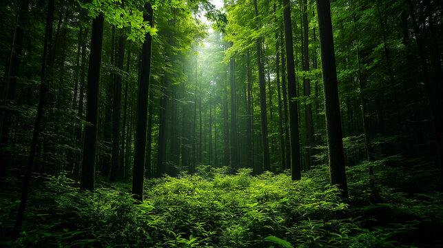 Sonnenstrahlen im gr&uuml;nen Wald bei Sonnenaufgang

