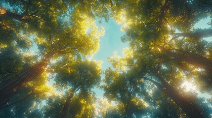 Majestic View of Lush Green Canopies from Below in Tall Tree Forest Under Clear Sky