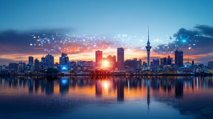 Fototapeta premium Modern Smart City Panorama with Double Exposure Effects Featuring Skyline and Reflections at Dusk
