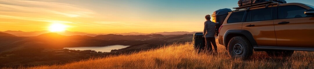 Obraz premium Sunset Overlook with Off-Road Vehicle in the Mountains. Generative AI