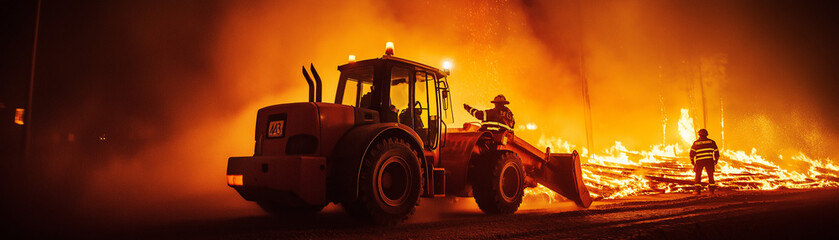 Feuerwehrmann bekämpft Feuer mit Baumaschine in bergigem Gelände
