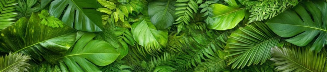 Fototapeta premium An intricate display of vibrant tropical leaves and plants layered together in an endless green pattern. Generative AI