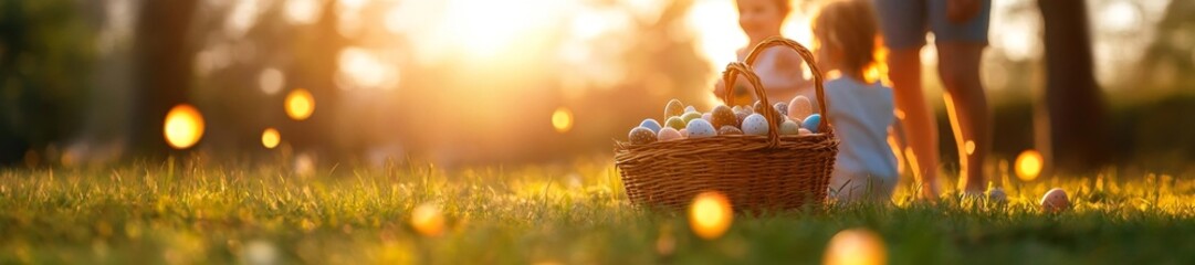 Obraz premium Easter Egg Hunt with Children and Basket in a Park. Generative AI