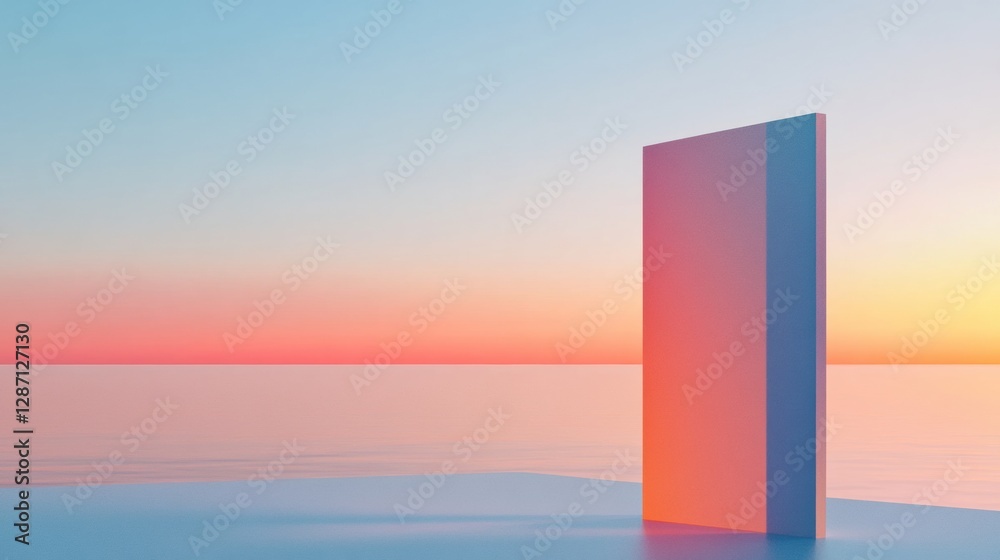 Poster colorful sunset reflecting on calm water with a large vertical structure in the foreground near the 