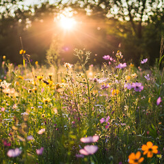 Fototapeta premium A sunlit meadow swaying with vibrant flowers, home to bees and butterflies.