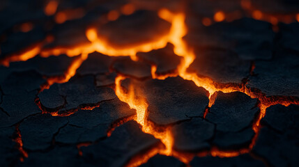 Glühende Lava bricht durch trockene Erdoberfläche in der Nacht

