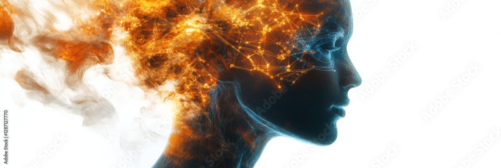 Poster Neural connections illuminate the profile of a human head symbolizing cybernetic artificial intelligence. Generative AI
