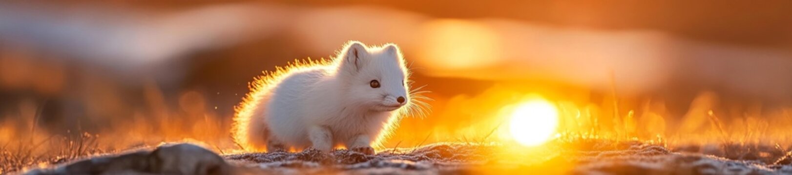 Cute Arctic Fox Standing in Snowy Terrain at Golden Hour. Generative AI