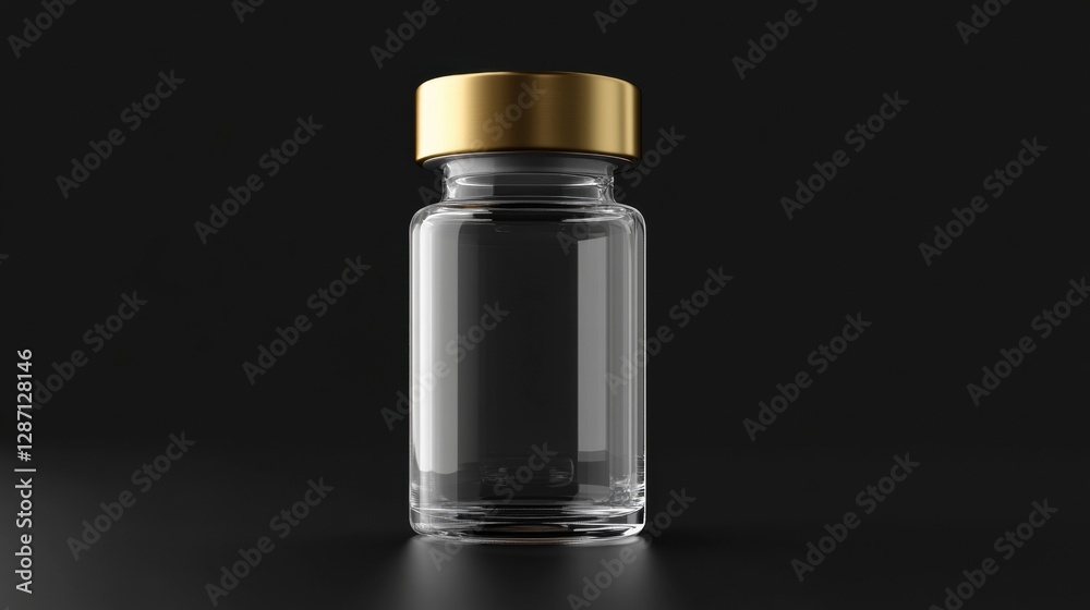 Poster Clear glass container with a gold lid reflecting light on a dark surface. Generative AI