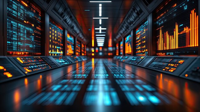 Data center control room displays information across screens in hallway