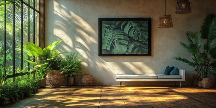 Serene Tropical Living Room Interior Design with Sunlit Plants and Modern Minimalist Decor