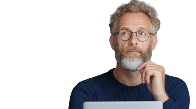 Thoughtful older man with glasses holding chin, working on laptop on transparent background