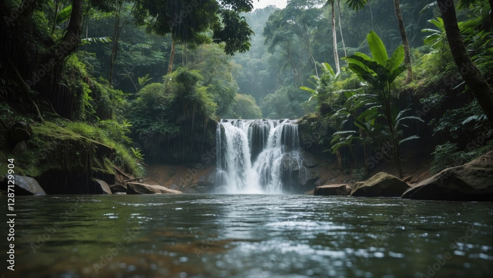 Poster huai lao waterfall surrounded by lush rainforest with soft focus and calm water reflections in seren