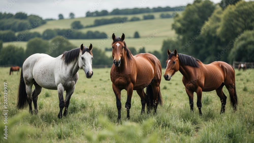 Poster horses grazing in a lush meadow with scenic countryside background and space for text overlay