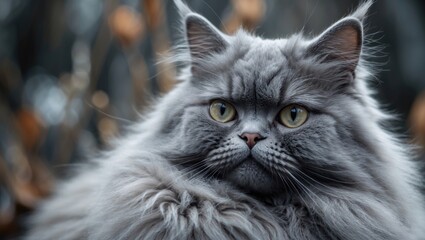 Close up of a grey Chinchilla Persian cat showcasing plush fur and vibrant eyes ideal for animal-themed backgrounds and textures.