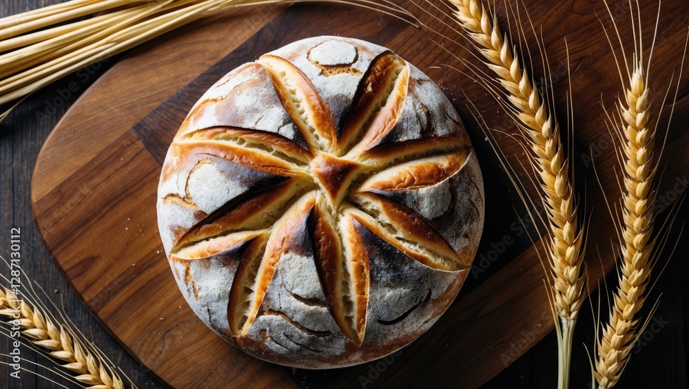 Poster homemade artisan bread with decorative scoring on wooden board surrounded by golden wheat ears close