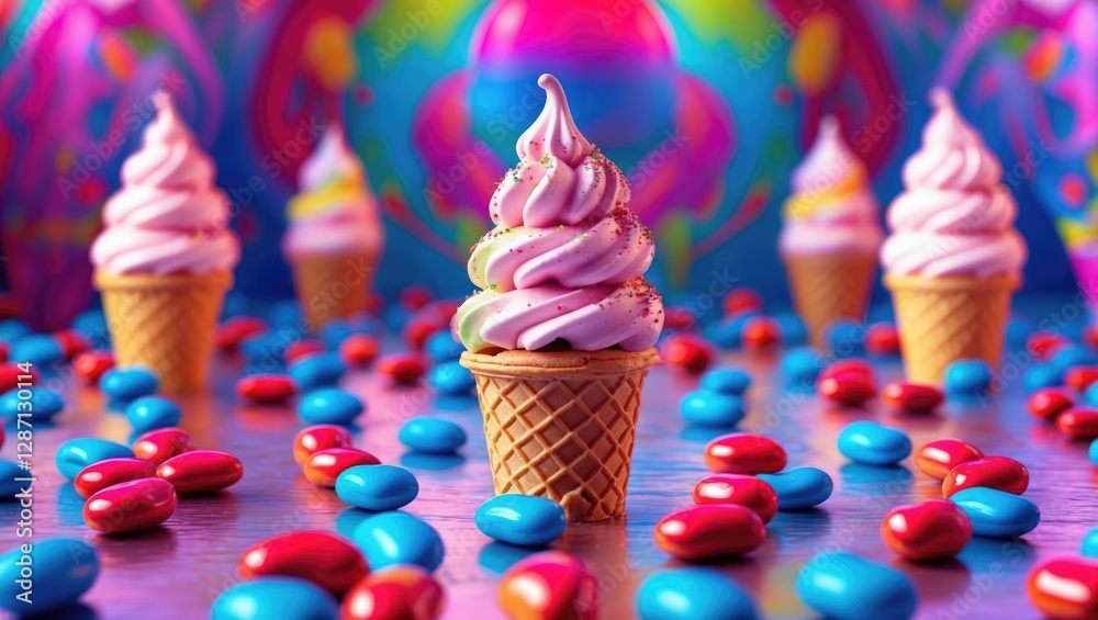 Aufkleber Colorful Ice Cream Cones Surrounded by Candy on a Vibrant Background with Empty Space for Text Overlay