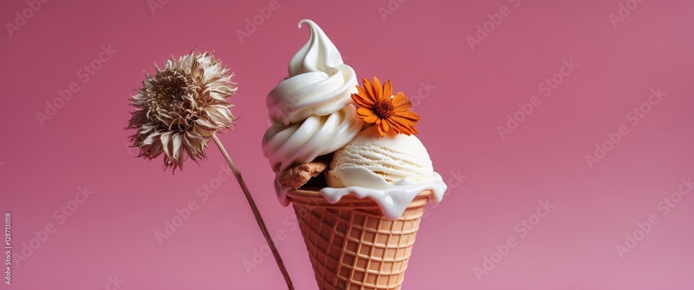 Poster ice cream cone adorned with dried flowers on a vibrant pink background showcasing a blend of texture