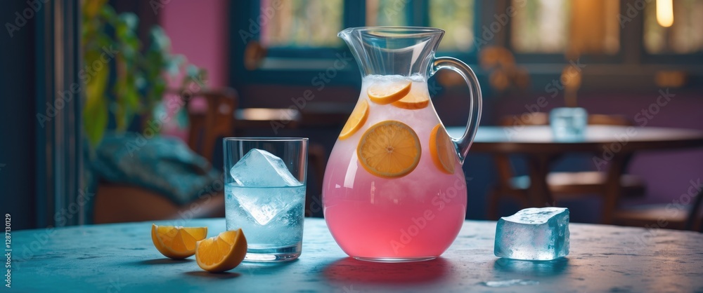 Leinwandbilder Refreshing Non-Alcoholic Beverage in Jug with Ice and Lemon Slices on a Table with Empty Space for Your Text or Message
