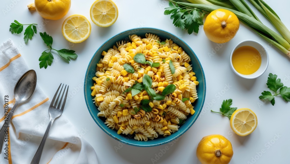 Poster homemade grilled corn pasta salad with fresh ingredients and lemon on white background overhead view