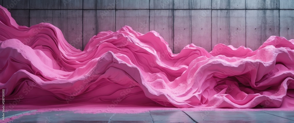 Poster Abstract pink wave texture on a concrete wall backdrop creating a vibrant and visually striking artistic composition.