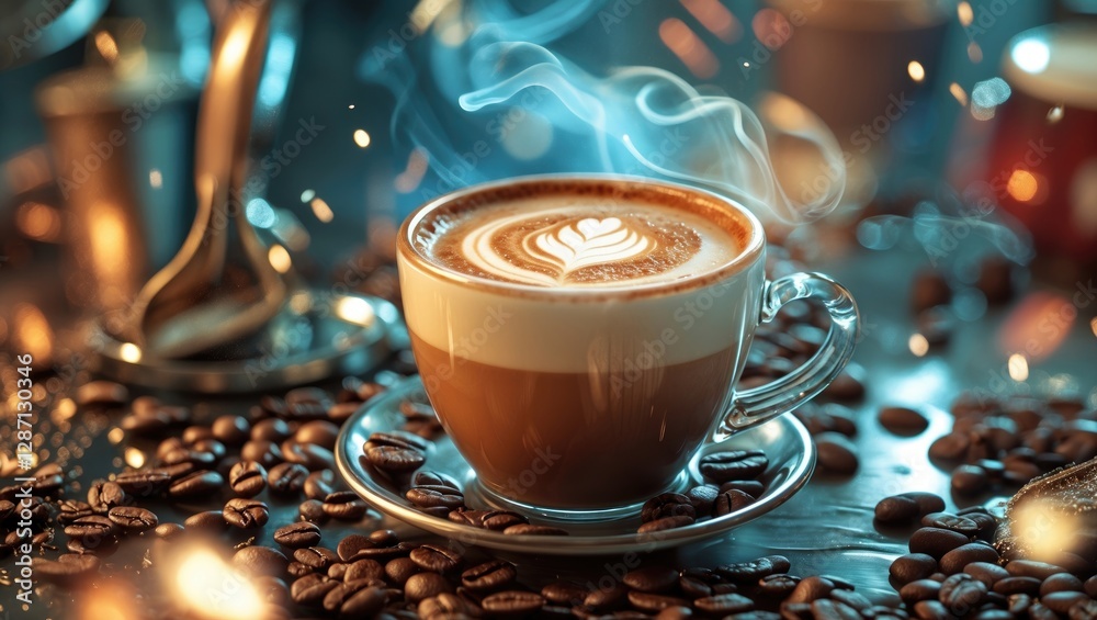 Poster Cappuccino coffee latte with delicate foam art surrounded by coffee beans and warm ambiance creating a cozy atmosphere
