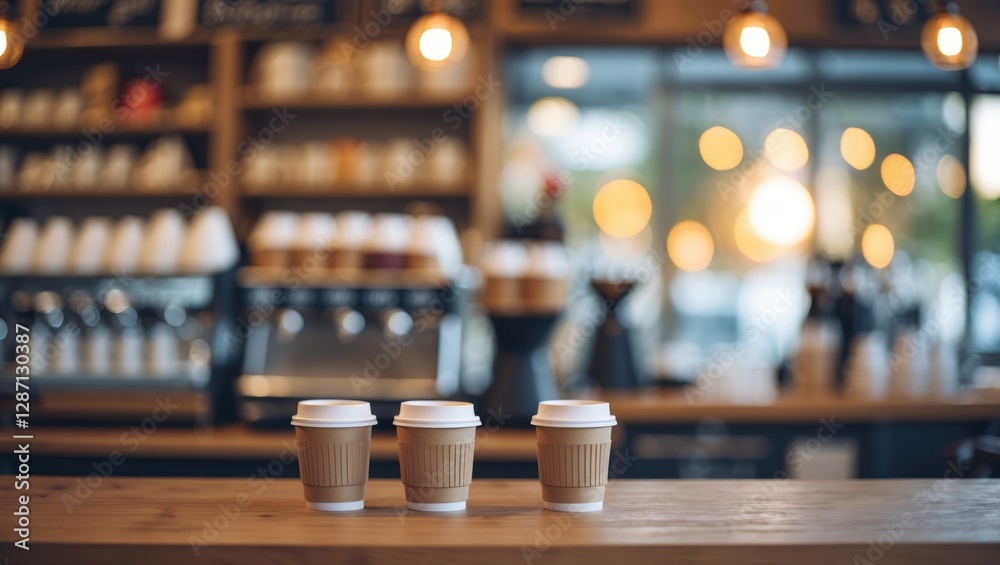 Poster coffee shop ambiance with blurred background and bokeh effect showcasing takeaway cups on a wooden t