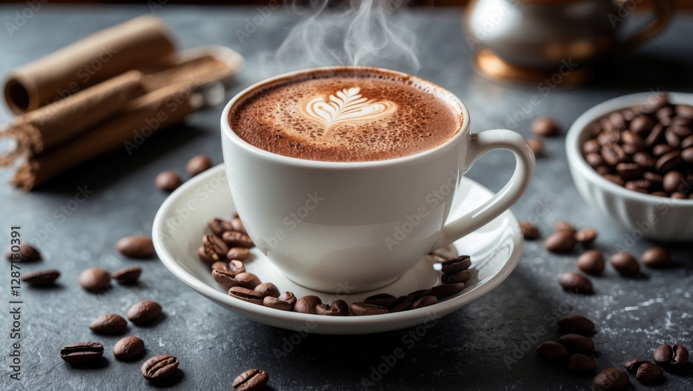 Poster hot mocha with latte art in a white cup surrounded by coffee beans on a stylish table setting. steam