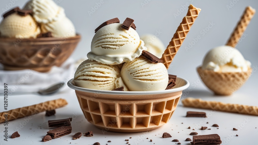 Aufkleber delicious ice cream scoops topped with chocolate and wafer sticks in waffle bowls on a clean white b