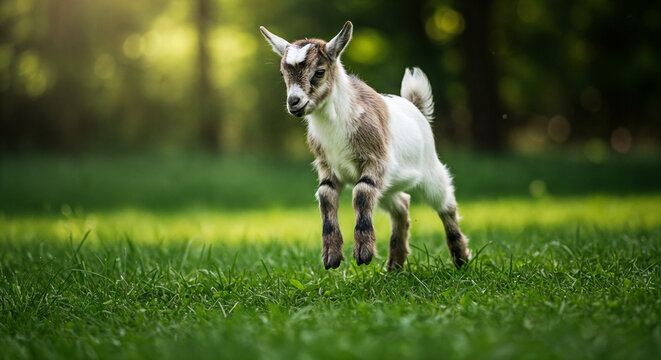 Un cabritillo saltando sobre la hierba verde