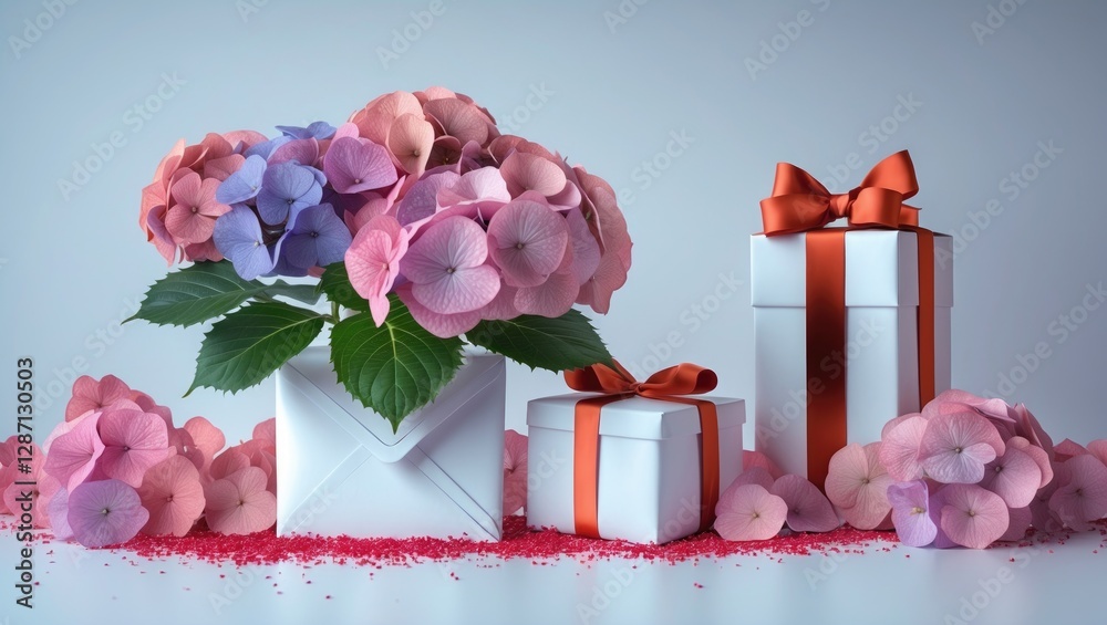 Poster Flower Arrangement with Hydrangeas in Envelope and Gift Boxes on White Background with Space for Text