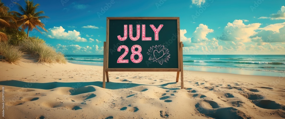 Aufkleber Chalkboard sign displaying July 28 on a sunny beach with palm trees and ocean waves creating a vibrant summer atmosphere