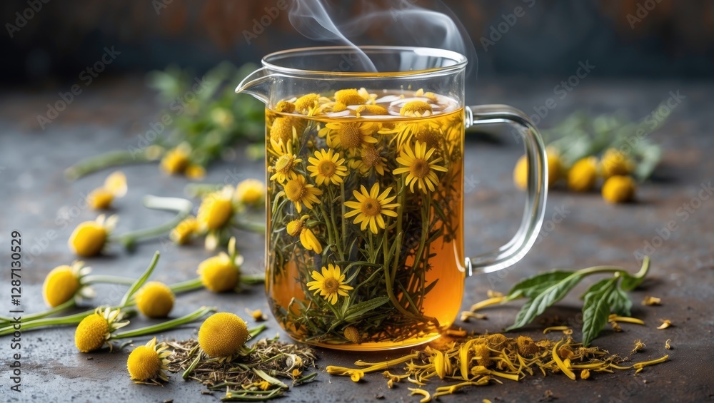 Poster steaming herbal chamomile tea in glass pot surrounded by fresh flowers and leaves on textured backgr
