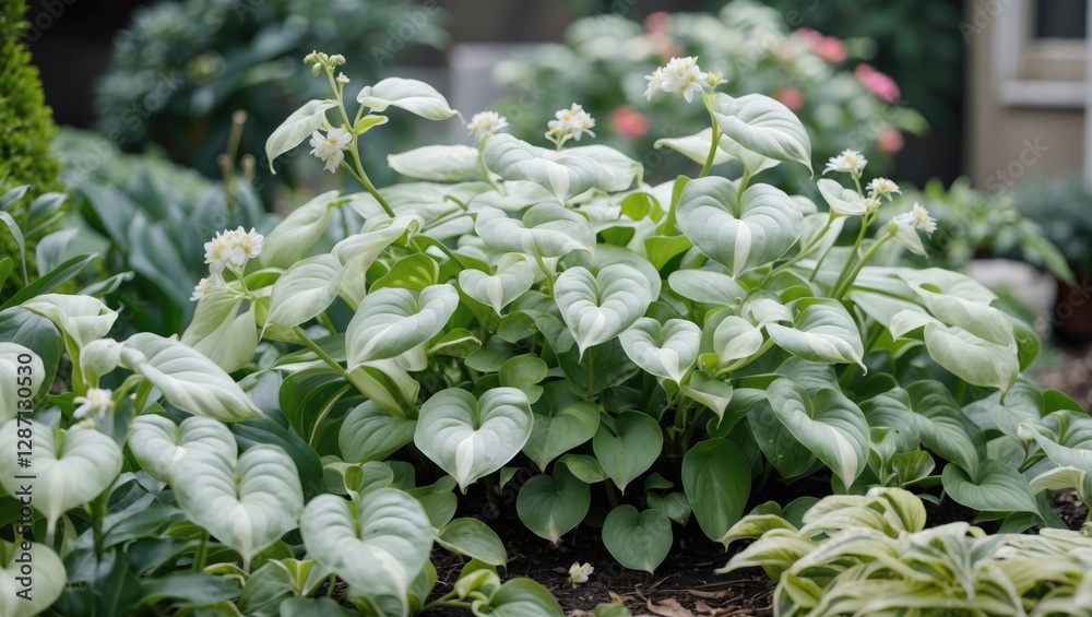 Poster Lush Hostas with White Flowers in a Garden Setting Featuring Ample Copy Space for Text Overlay