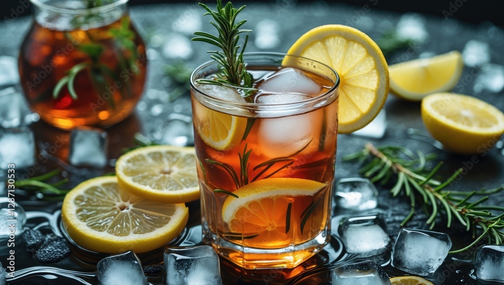 Poster refreshing iced tea with lemon slices and rosemary garnish surrounded by ice cubes ideal for summer 