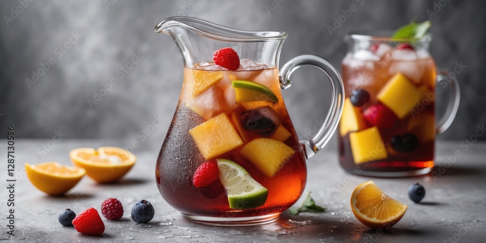 Poster Refreshing Iced Tea with Fresh Fruits in Glass Pitcher on Gray Background with Copy Space for Text and Fruit Garnish
