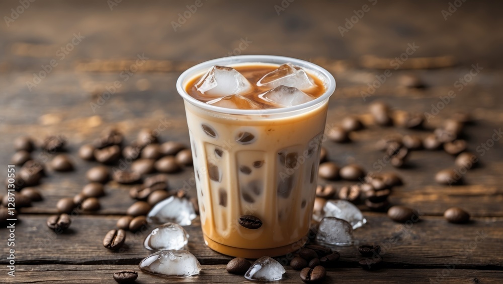 Poster iced coffee cup with ice and coffee beans on wooden table showcasing refreshing beverage and space f