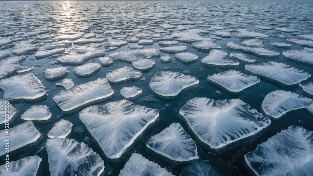 Aufkleber intricate ice patterns on a frozen lake surface reflecting sunlight in a serene winter landscape.