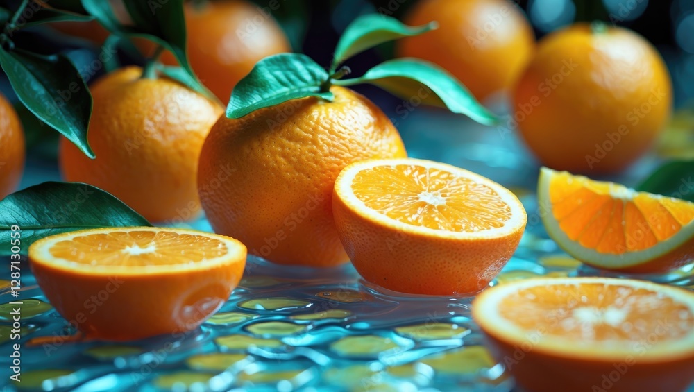 Aufkleber fresh ripe oranges with green leaves on a textured surface showcasing whole and sliced fruit in a co