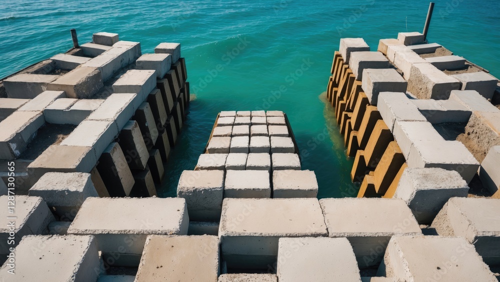 Poster High angle view of a breakwater made from interlocking concrete blocks extending into clear turquoise waters against a sunny backdrop.