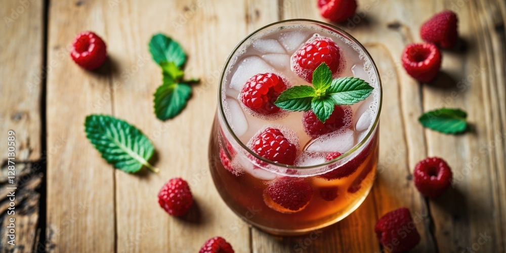 Poster Refreshing Iced Tea Infused with Raspberries and Mint Surrounded by Fresh Berries on Rustic Wooden Table with Blank Space for Text