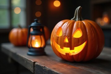 Carved wooden pumpkin with glowing lantern on rustic table, wooden pumpkins autumn decorations seasonal fall decor, table