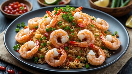 Deliciously plated homemade fried rice topped with succulent shrimp and garnished with green onions and fresh lime slices