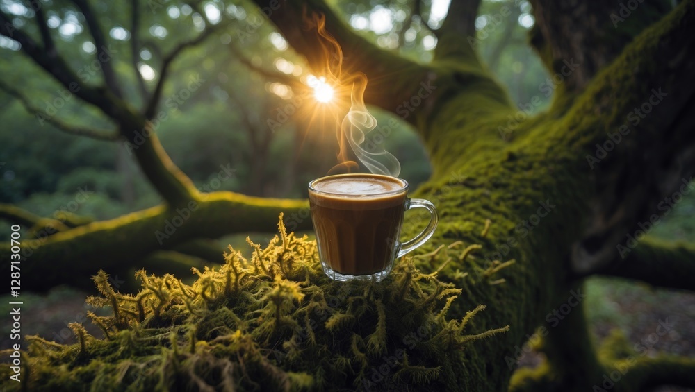 Aufkleber coffee cup perched on mossy tree branch with sunlight filtering through foliage creating a serene na