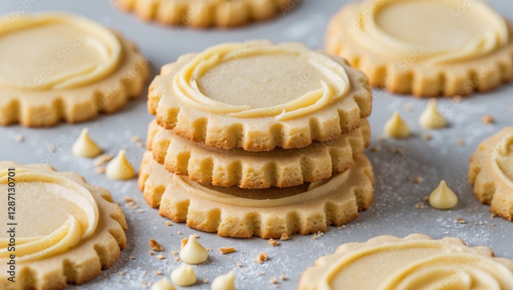 Poster delicious homemade butter cookies with creamy frosting arranged on a light surface perfect for bakin