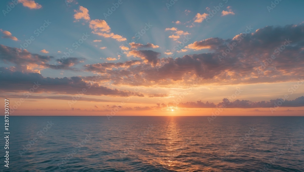 Leinwandbilder tranquil sunset over ocean with colorful clouds and rays of light ideal for serene background and te