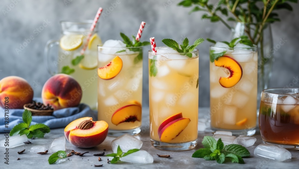 Poster refreshing peach lemonade with mint and ice in elegant glasses perfect for summer beverage ideas and